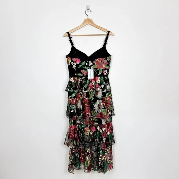 NWT $795 Marchesa Notte Tiered Floral Embroidered Dress Sz 4